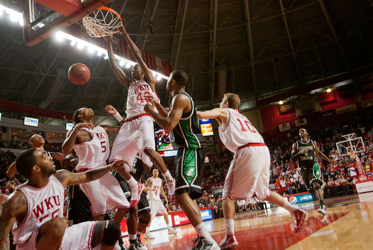 Senior Jeremy Evans slam dunks a basket during the second half of a game against the University of North Texas Jan. 28, 2010, in Diddle Arena. WKU lost to UNT 83-84 in overtime.